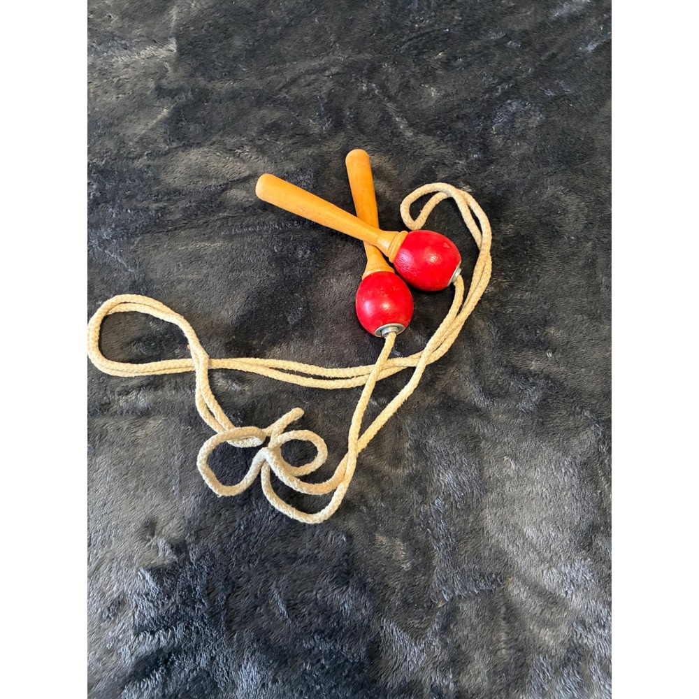 Vintage Style Wooden Handle Jump Rope Red and Natural Wood Cotton Cord Exercise